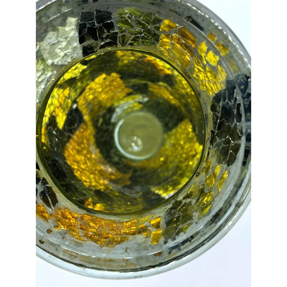 Mosaic Glass Vase Amber Gold Black Cracked Glass Decorative Centerpiece 10 Inch